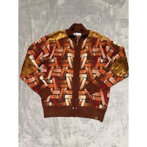 Silver Silk Mens Brown Abstract Geometric Zip Up Sweater Velvet Patches‎ Size M